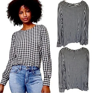 NWT Ann Taylor Loft Blouse XSP Petite Black White Gingham Check Long Sleeve